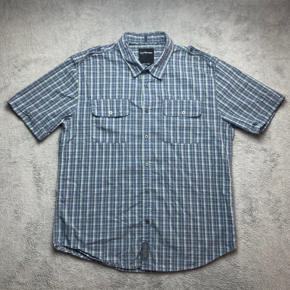 Calvin Klein Jeans‎ Short Sleeve Button Down Shirt Mens XXL Blue Plaid MP49H01